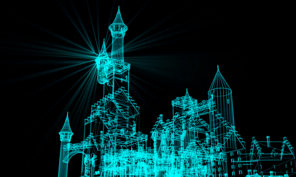 3D Wireframe Castle Render with Blue Light Beam
