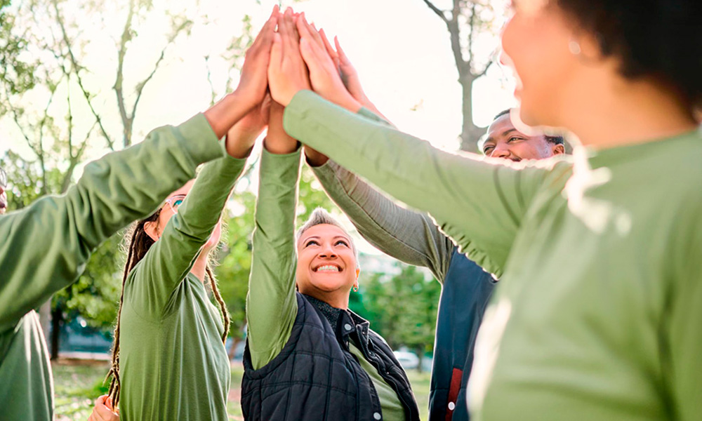 Volunteering, Happiness, and Smiling Support Group Engaged in Collaboration, Trust, and Solidarity
