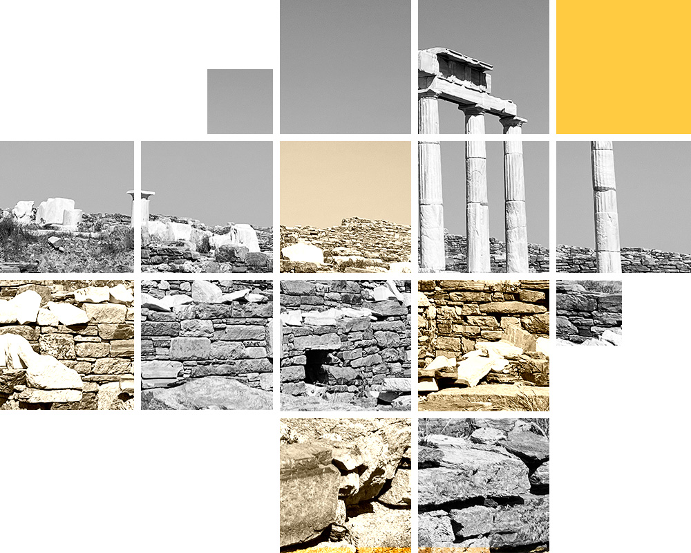Magnificent panoramic view of the Temple of Apollo on the island of Delos, near Mykonos, beautiful Cycladic island in the heart of the Aegean Sea.